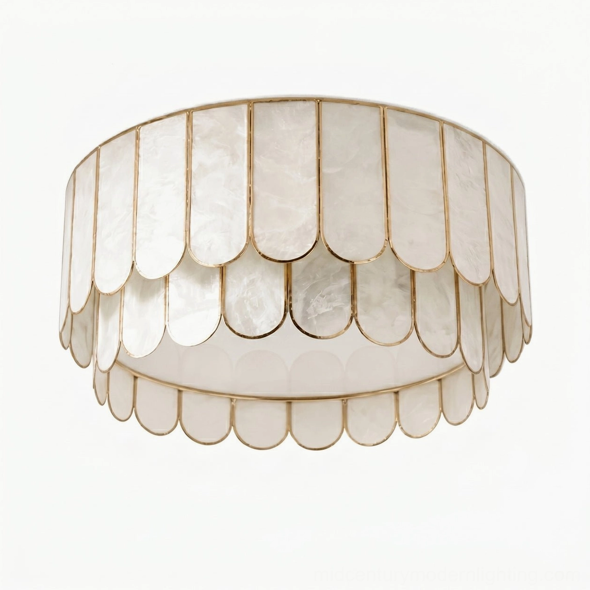 Rosa Capiz shell ceiling light close-up showing detailed scalloped border and capiz panel construction with gold framing