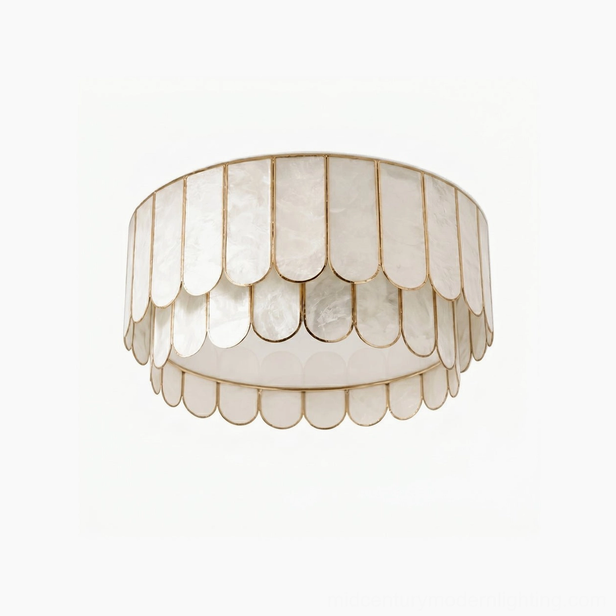 Rosa Capiz double-tier scalloped ceiling light fixture with elegant shell design and gold finish, front view