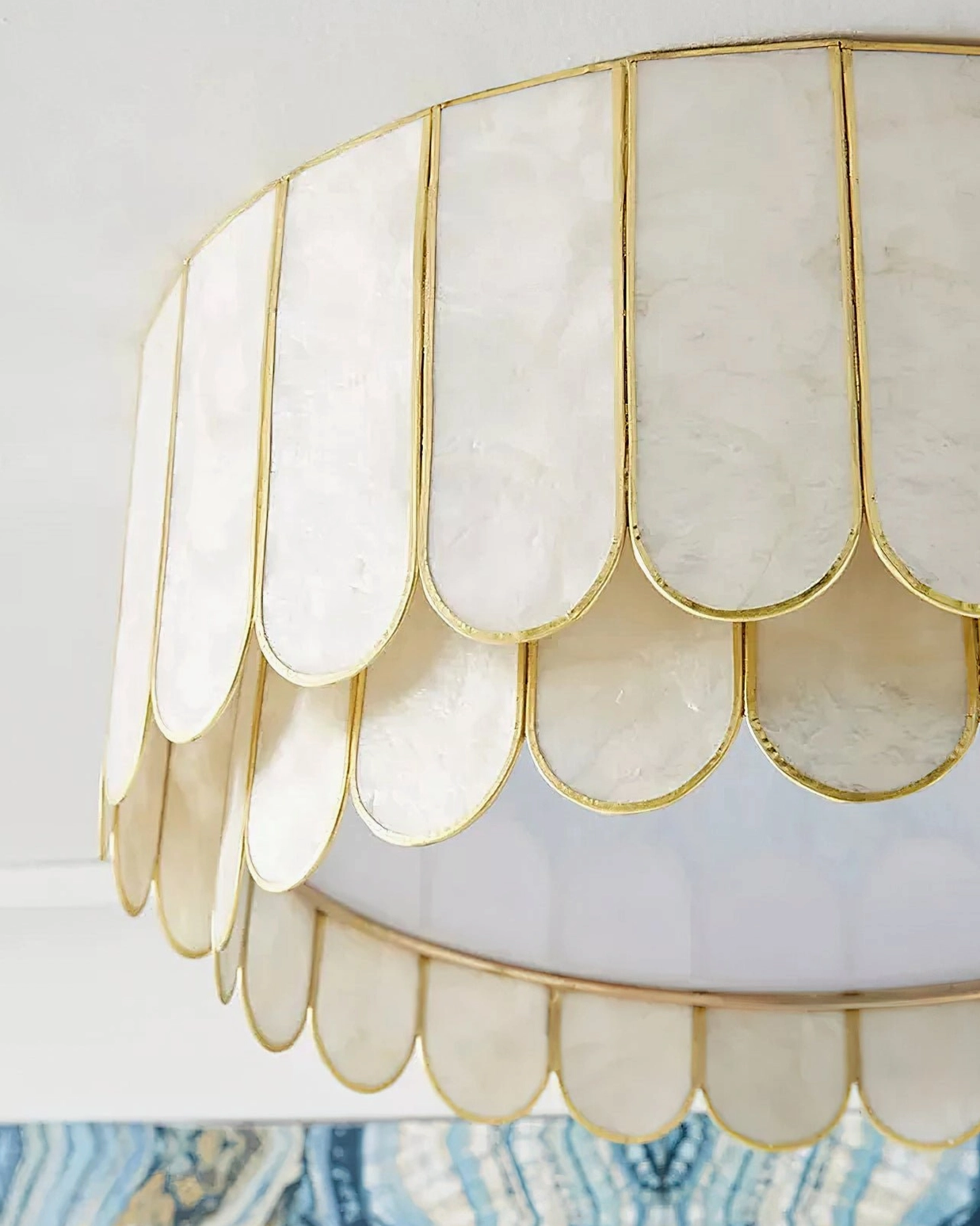 Rosa Capiz ceiling lamp detail shot highlighting capiz shell panels and gold metal edge trim construction