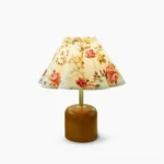 Rosa Vintage Floral Table Lamp with pleated drum shade and walnut wood base, front studio view showing detailed pink rose pattern