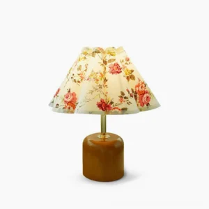 Rosa Vintage Floral Table Lamp with pleated drum shade and walnut wood base, front studio view showing detailed pink rose pattern