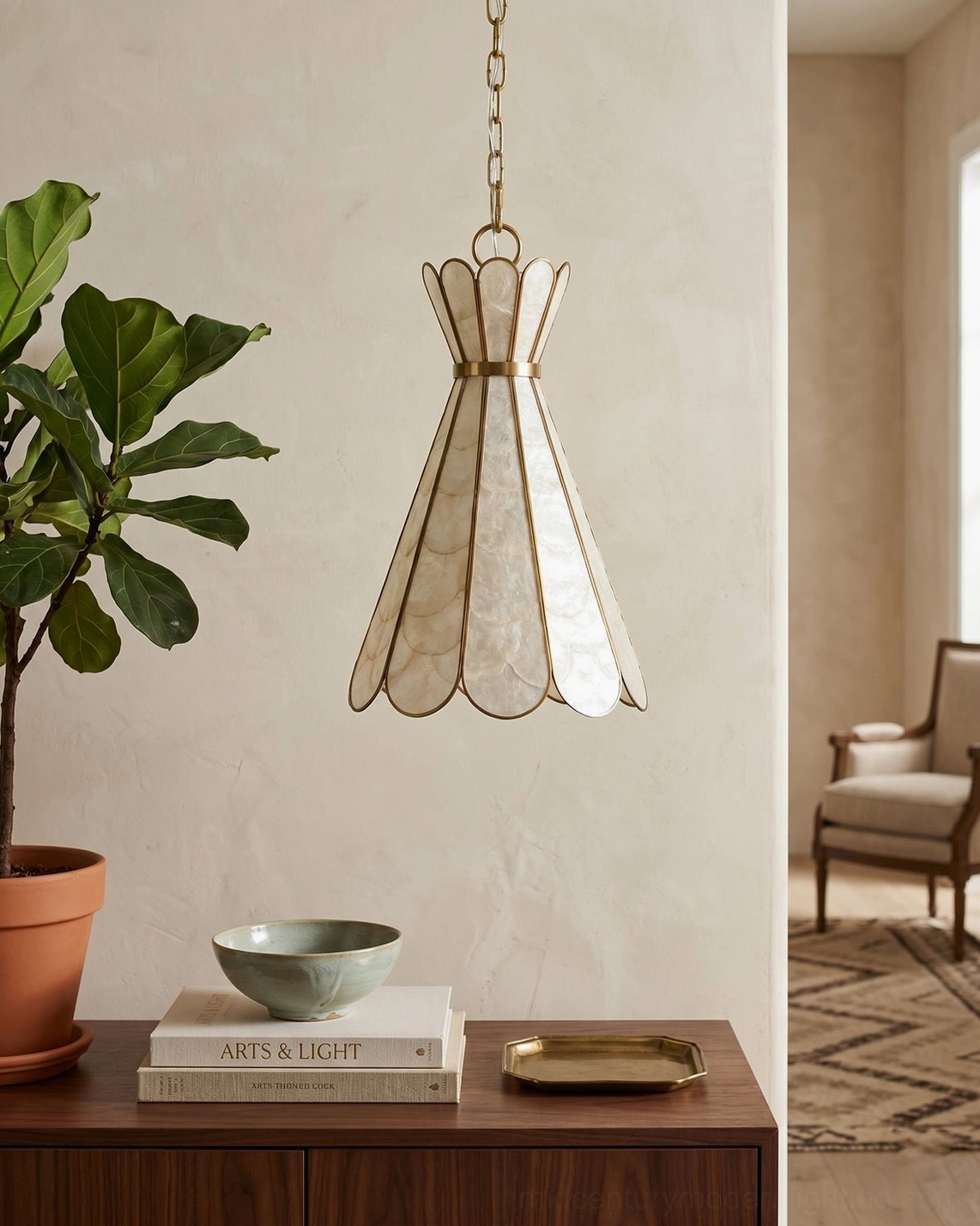 Rosalind Capiz Petal Pendant Light hanging in luxury residential boho decor setting