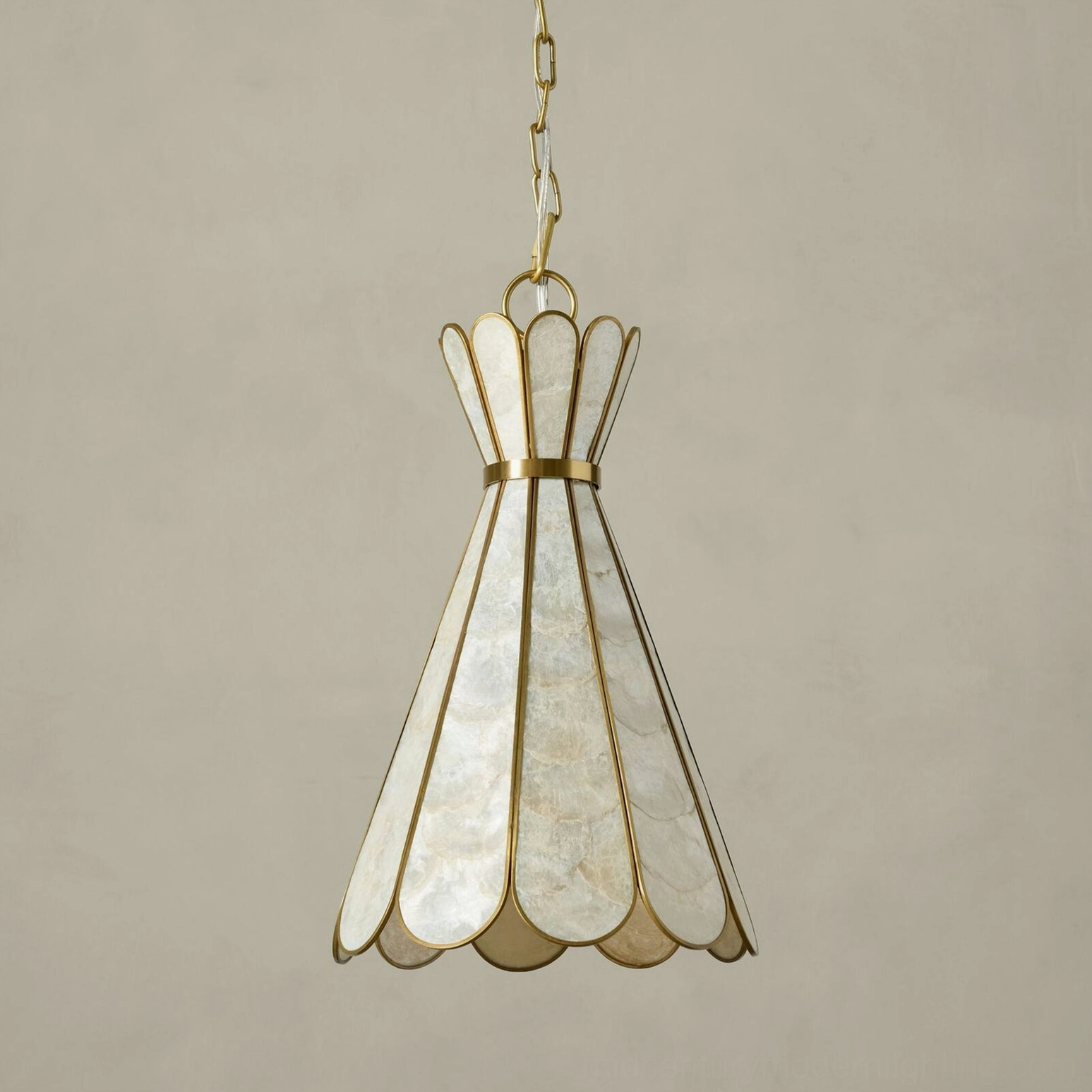 Rosalind Capiz Petal Pendant Light front flat studio view showing tapered silhouette and shell detail