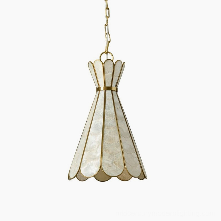 Rosalind Capiz Petal Pendant Light front hanging studio view with classic tapered design