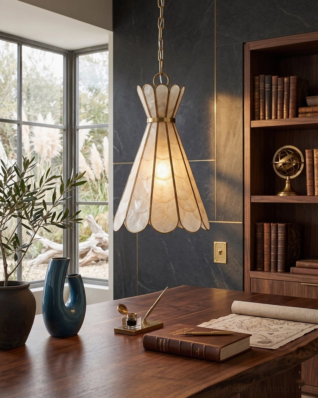 Rosalind Capiz Petal Pendant Light in home study with wooden desk and bookshelf warm lighting