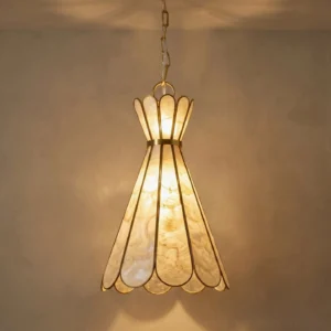 Rosalind Capiz Petal Pendant Light illuminated showing warm ambient glow and translucent shell panels