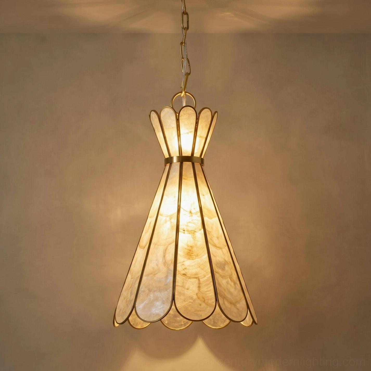 Rosalind Capiz Petal Pendant Light illuminated showing warm ambient glow and translucent shell panels