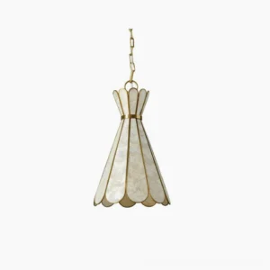 Rosalind Capiz Petal Pendant Light front studio view showing scalloped shell shade and brass frame