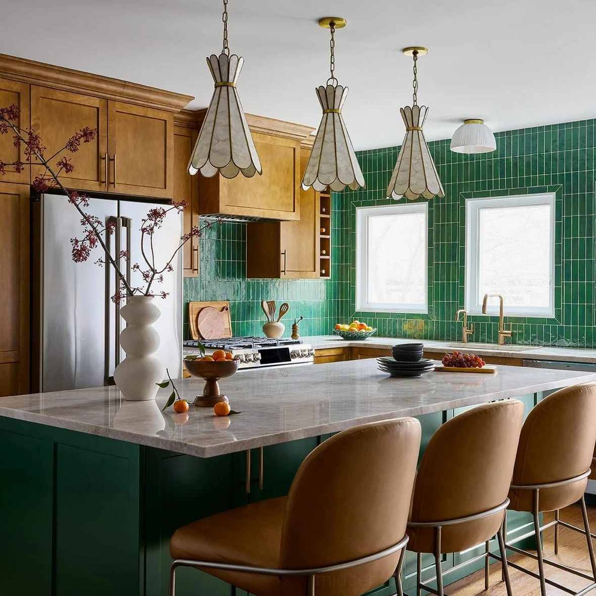 Multiple Rosalind Capiz Petal Pendant Lights in mid-century modern green tile kitchen cluster