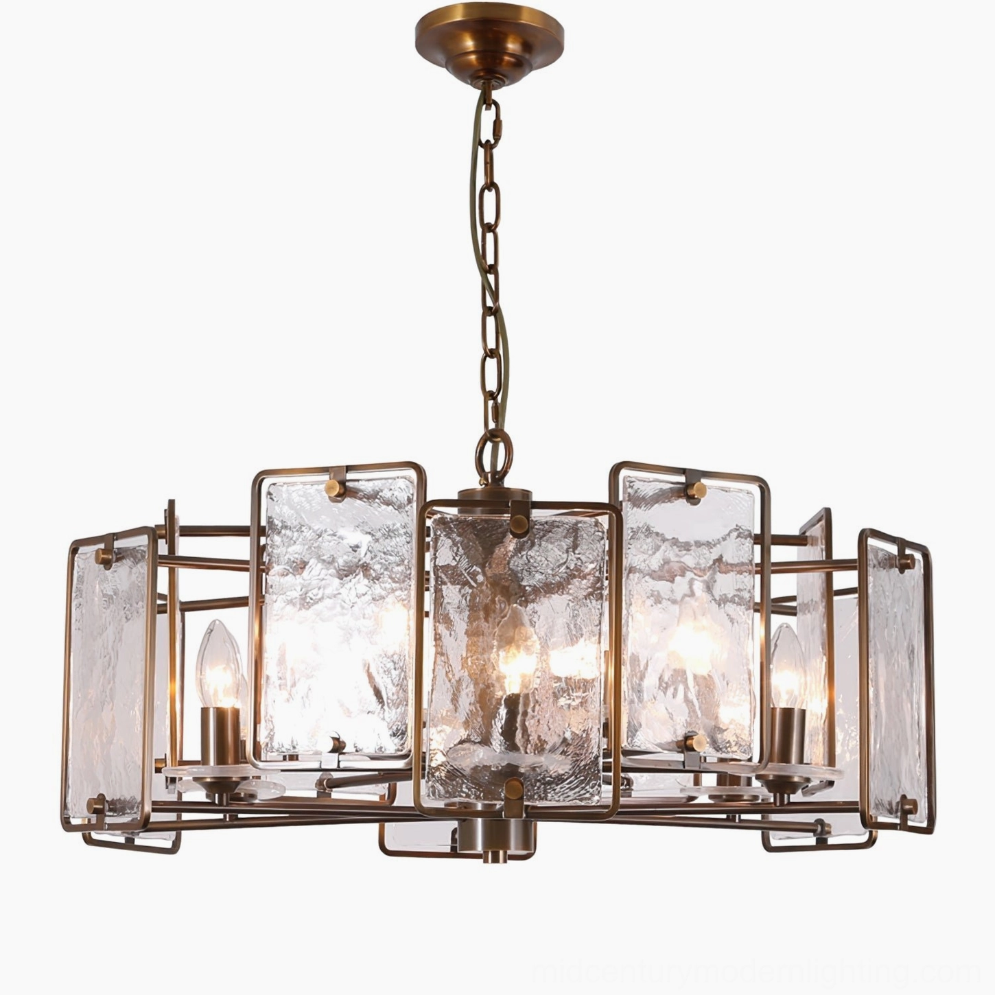 Rosalind brass chandelier studio shot showing complete geometric frame and rippled glass design