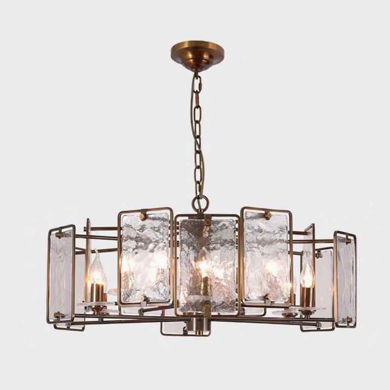 Rosalind mid-century modern geometric glass chandelier front elevation with antique bronze finish