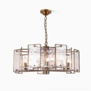 Rosalind antique bronze geometric glass chandelier front studio view with rippled textured panels and brass frame