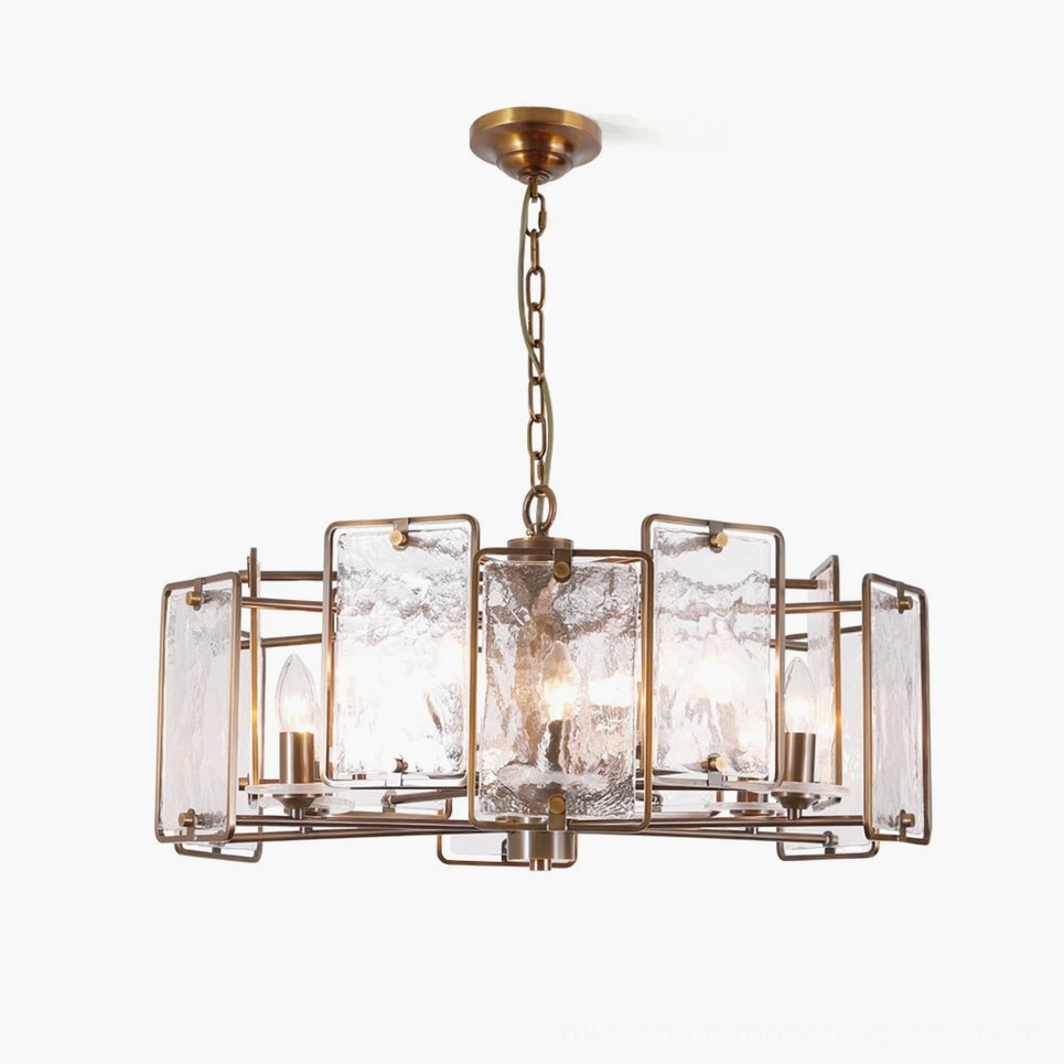 Rosalind antique bronze geometric glass chandelier front studio view with rippled textured panels and brass frame