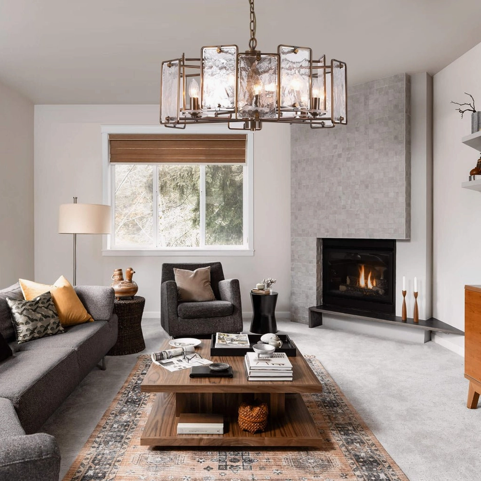Rosalind mid-century modern chandelier in contemporary farmhouse living room with gray sofa