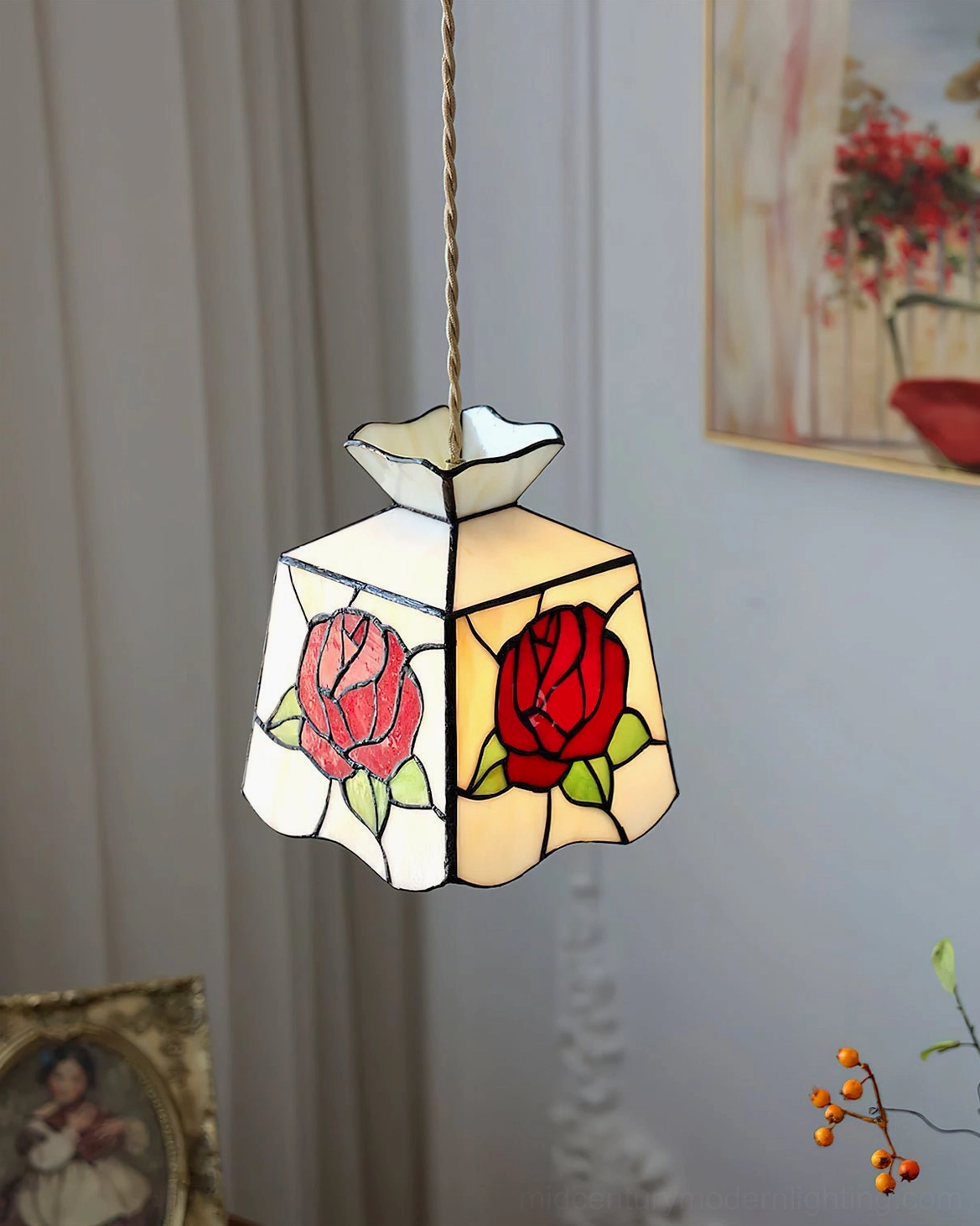 Bottom-up view of rose stained glass pendant lamp with curtain background, displaying dual rose pattern clarity and glass quality