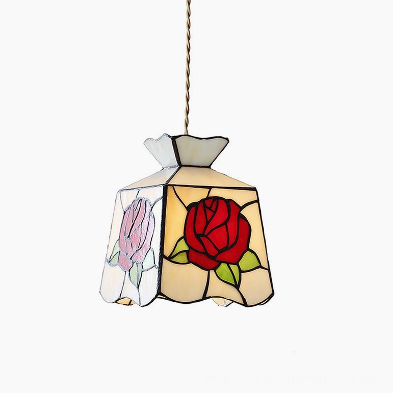 Rose stained glass pendant lamp 5.9 inches diameter, hand-painted floral design in red and white, Tiffany-style ceiling light