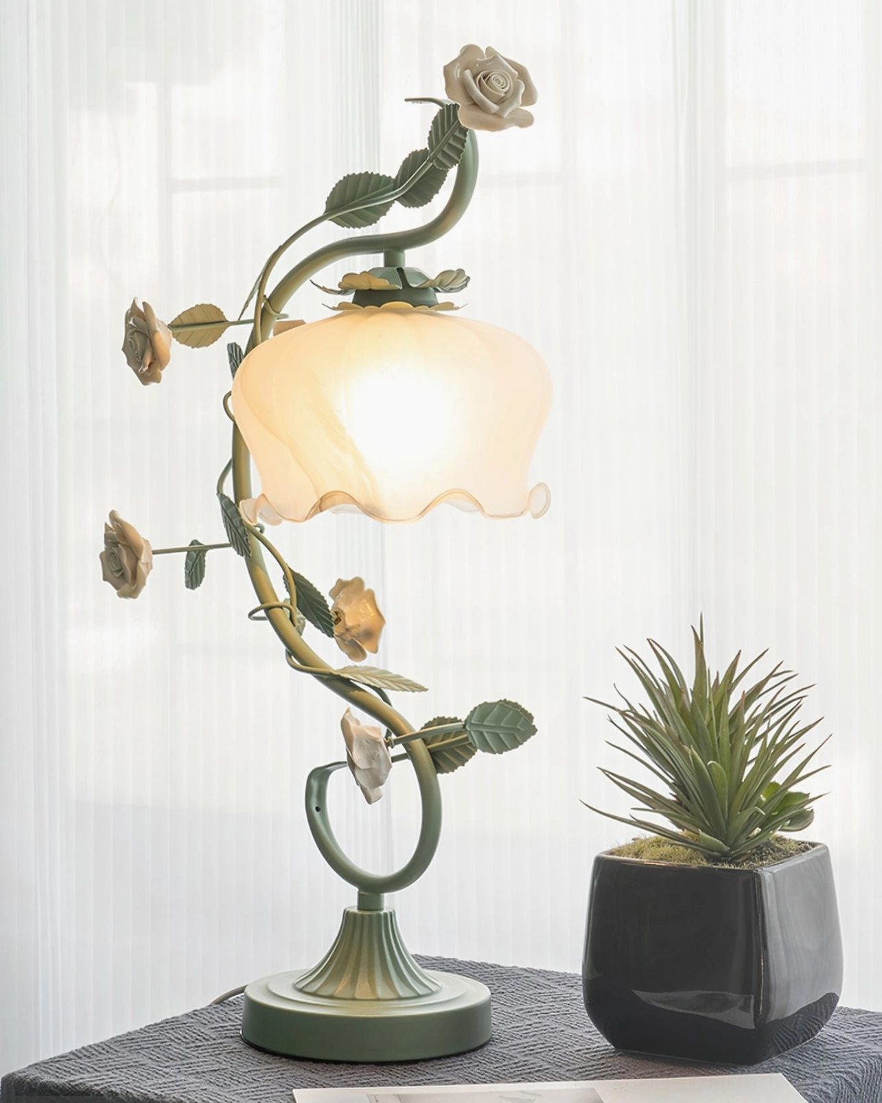 Rose vine table lamp shade and base assembly showing craftsmanship of ceramic flower details