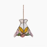 Rosebud Tiffany pendant light with pink, white, and yellow stained glass floral design - front studio view