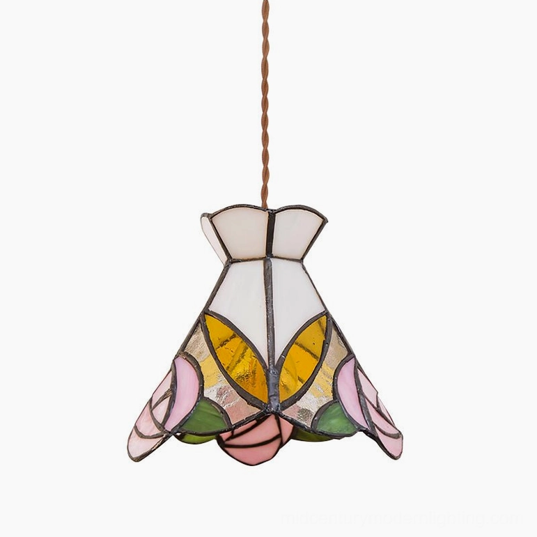 Rosebud Tiffany stained glass pendant light - pink, white, and yellow floral design complete view