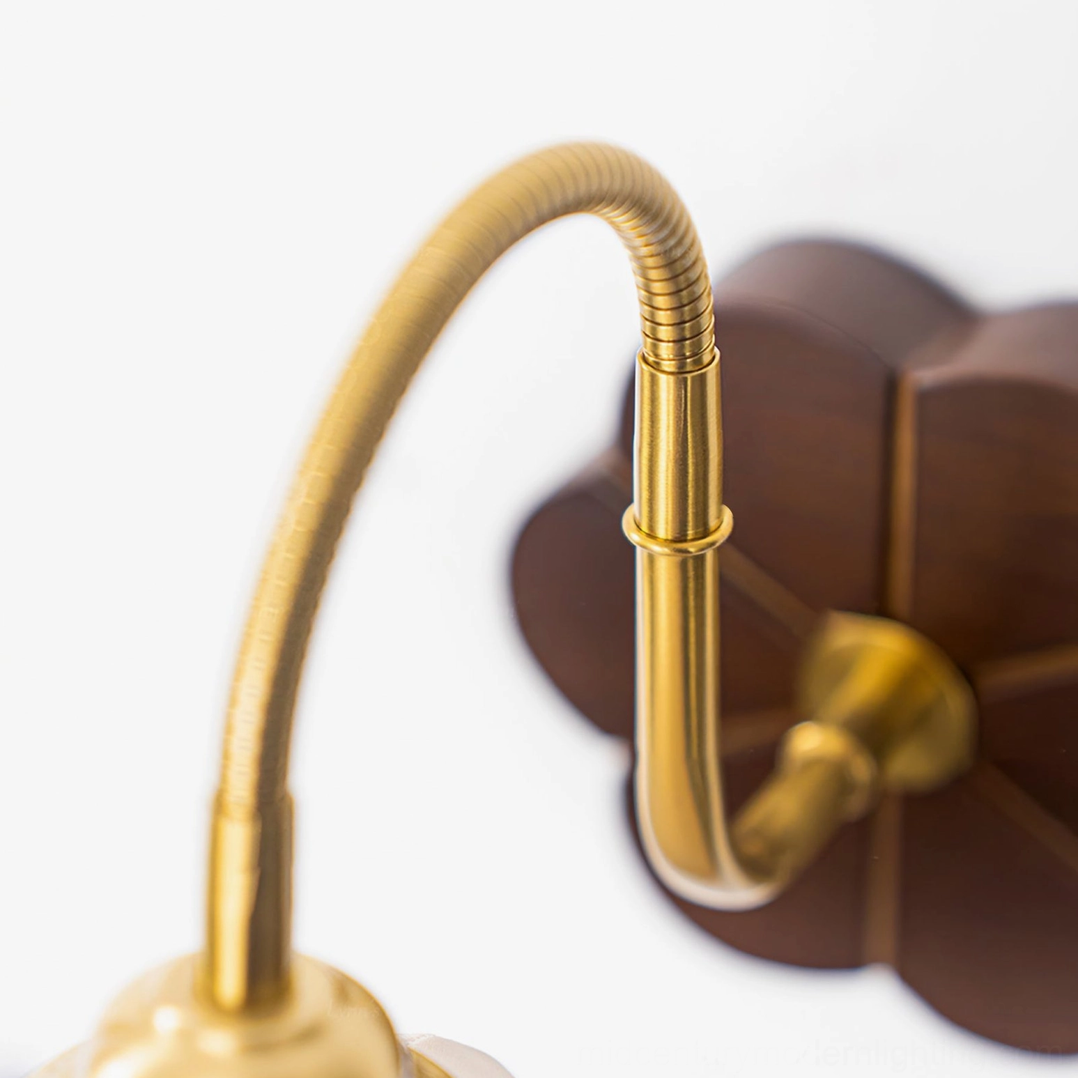 Detailed view of corrugated brass gooseneck arm and hand-carved floral rosette wood mount