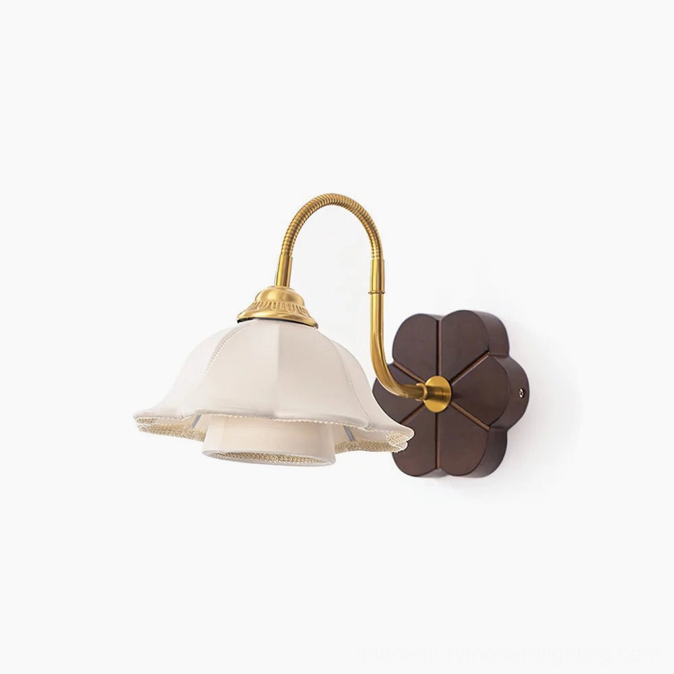 Rosette vintage wall sconce with scalloped fabric shade and brass gooseneck, walnut and gold finish on white background
