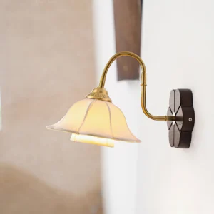 Rosette wall sconce mounted on interior wall with warm light illumination and flexible brass arm detail