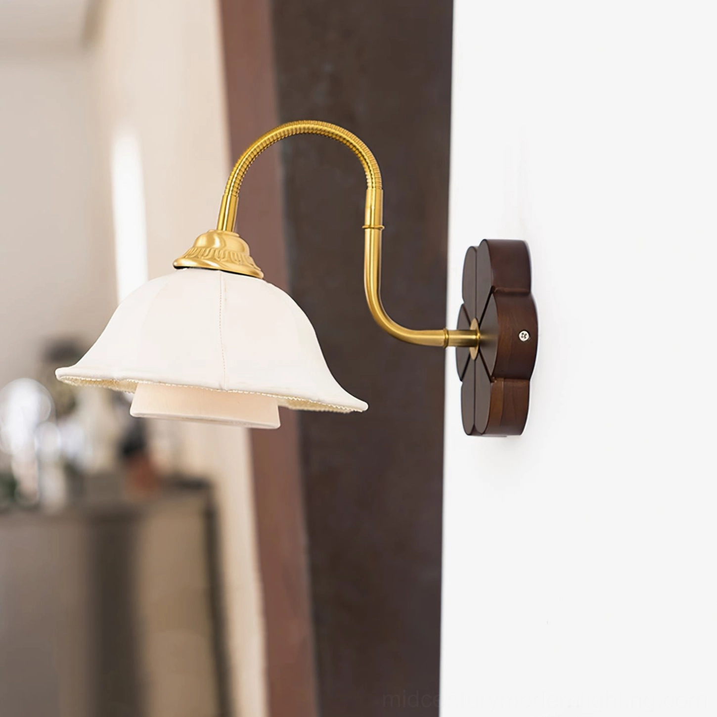 Rosette wall sconce installed in rustic kitchen with warm vintage ambiance and low angle view