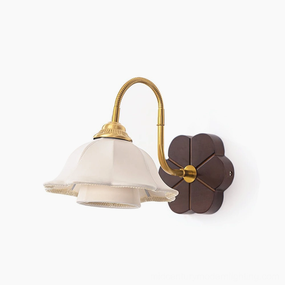 Rosette wall sconce walnut color with gold brass gooseneck and decorative floral base