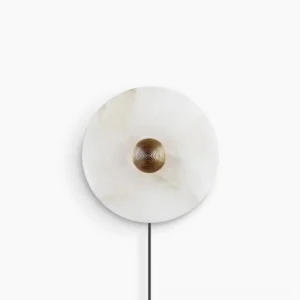 Round alabaster plug-in wall sconce with ribbed bronze center, frontal view on white background