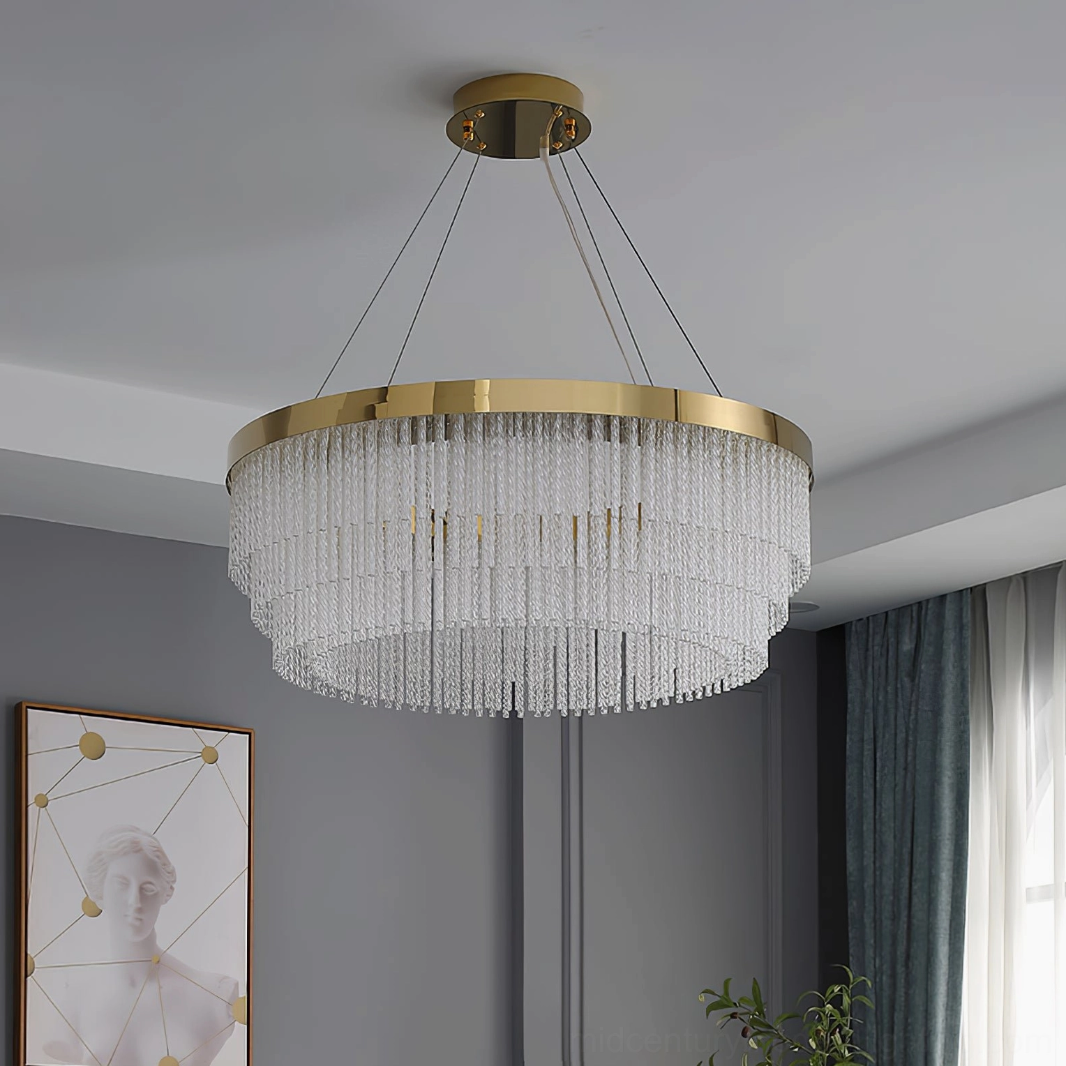 Side view of tiered round crystal chandelier with layered glass tassels in contemporary home interior