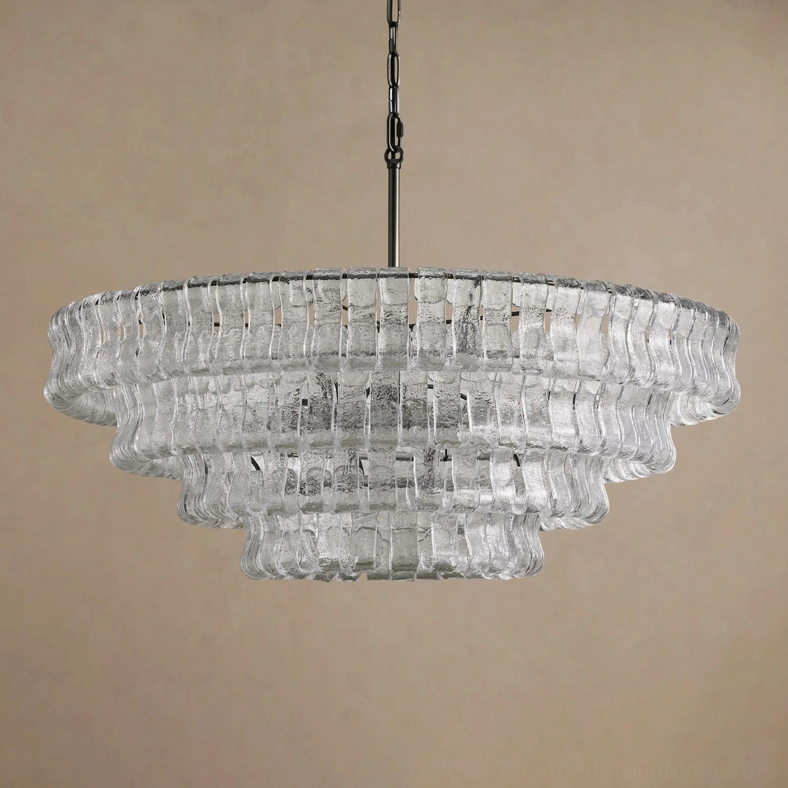 Round tiered chandelier with ice-textured glass tiles, layered concentric composition showing artisanal craftsmanship detail
