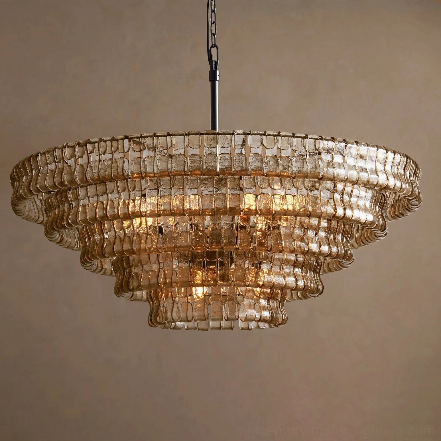 Round tiered chandelier close-up, ice-textured glass tiles arranged in concentric pattern, craftsmanship detail