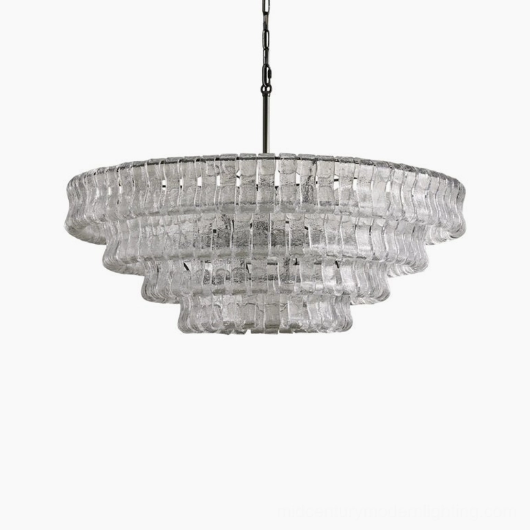 Round tiered chandelier, artisanal ice-textured glass arrangement, modern luxury architectural lighting design
