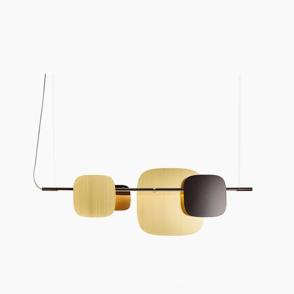 Rounded square linear chandelier in satin black and brushed gold finish on white background, modern minimalist pendant light