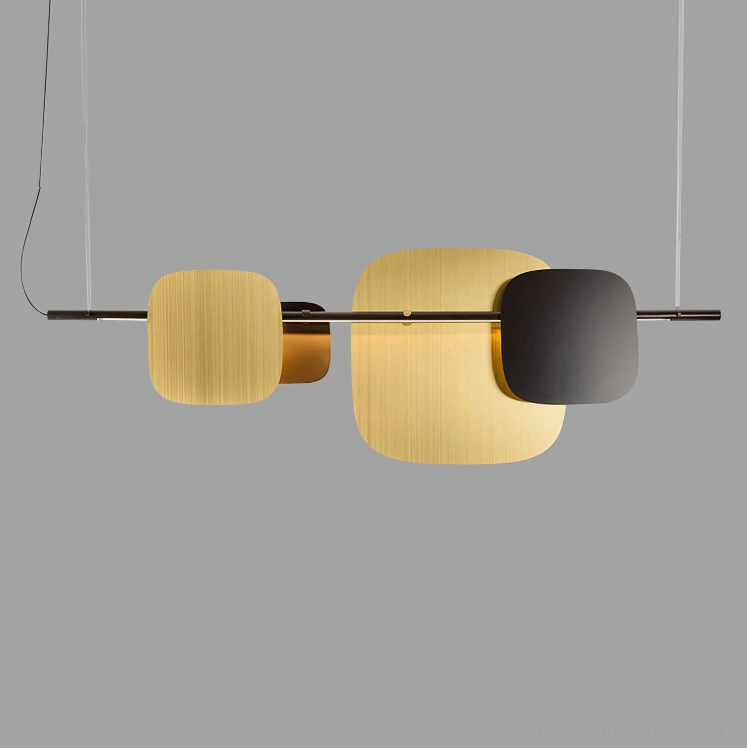 Close-up side view of geometric rounded square chandelier showing brushed metal finish and clean modern design