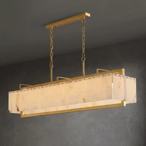 Close-up low-angle view of Ruben Alabaster Chandelier showing translucent alabaster panels and warm brass framework detail
