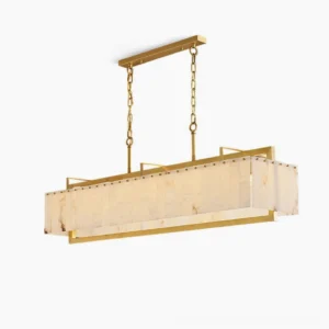 Ruben Alabaster Chandelier front studio view - rectangular brass and alabaster mid-century modern lighting fixture