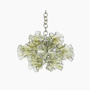 Ruffled petal glass chandelier with hand-blown organic glass petals and chrome metal frame, front view on white background