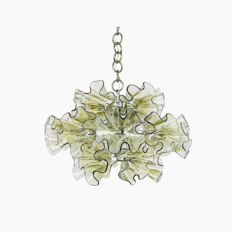 Ruffled petal glass chandelier with hand-blown organic glass petals and chrome metal frame, front view on white background