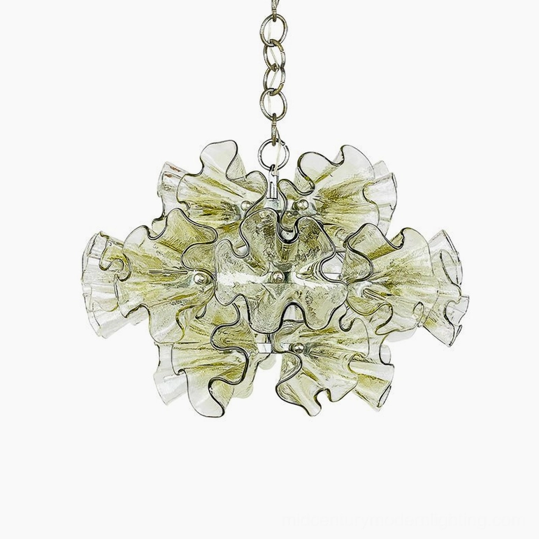 Ruffled petal glass chandelier in chrome and green-clear glass, mid-century modern pendant light fixture
