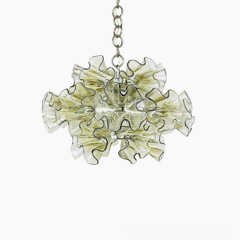 Compact ruffled petal glass chandelier variant with green and clear glass petals and chrome frame