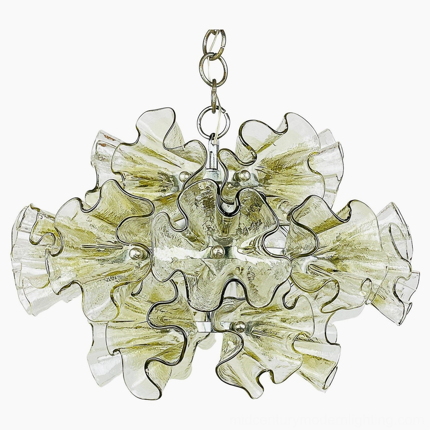 Ruffled petal glass chandelier detail showing organic rippled petal edges and light diffusion through hand-blown glass