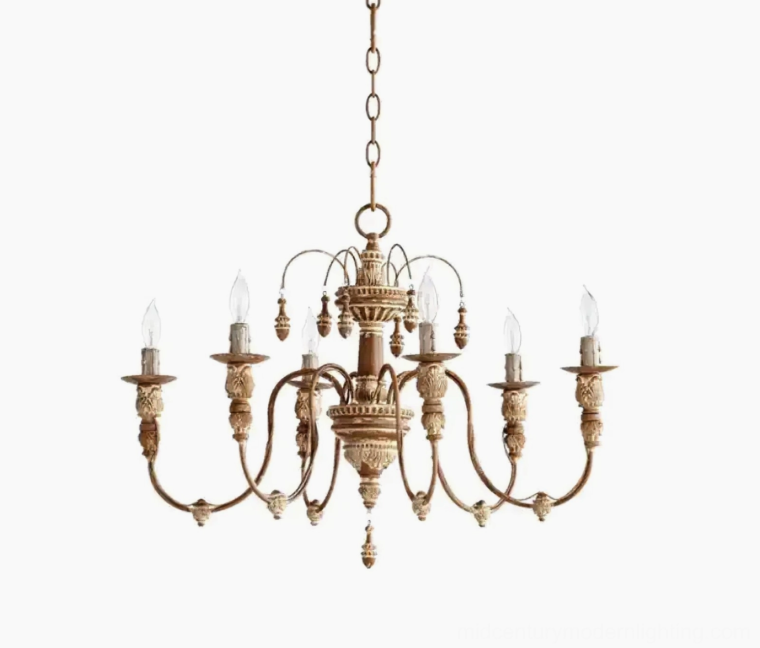 Rustic bronze candelabra chandelier with six arms and ornate carved details against white background