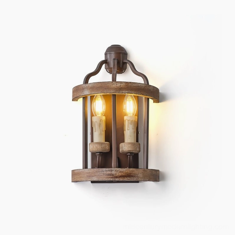 Rustic double candle wall sconce 11 inch brown vintage farmhouse lighting fixture with distressed finish