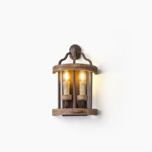 Rustic double candle wall sconce with brown metal frame and distressed wood accents on white background