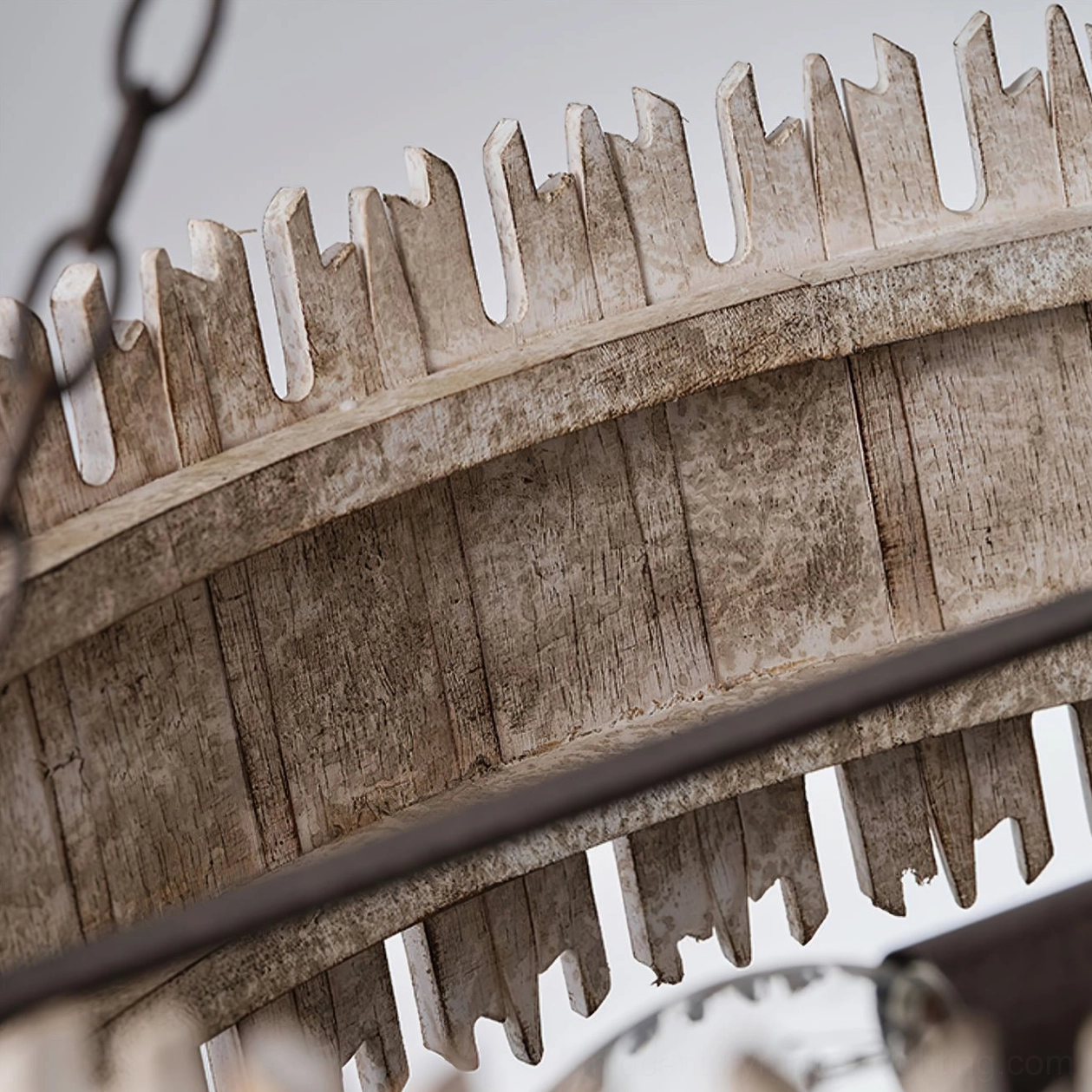 Rustic drum chandelier frame close-up detail, macro side view showing weathered rustic wood texture and serrated top edge