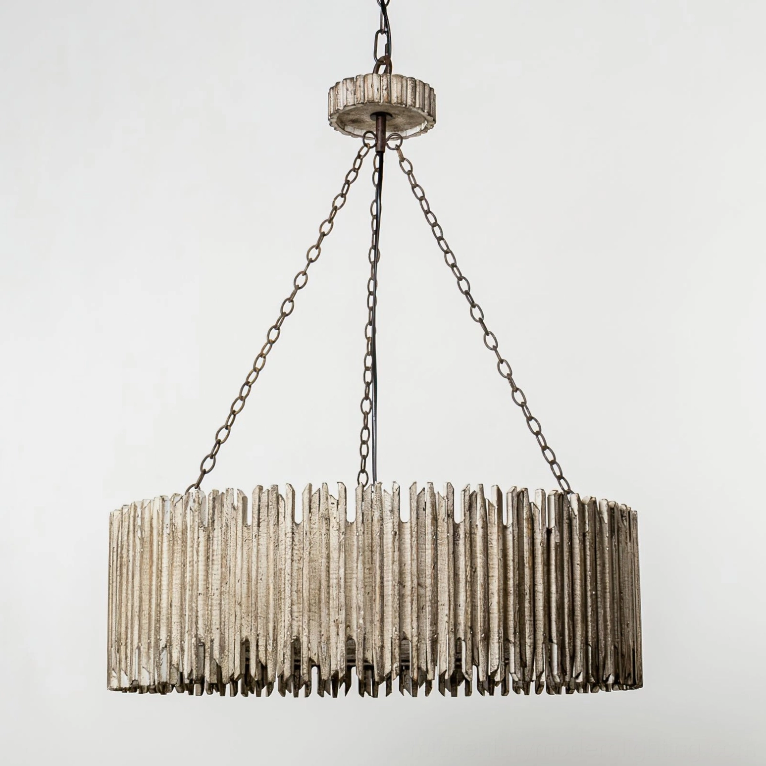 Rustic drum chandelier with weathered wood finish, showing full pendant design with metal chains and wood slat shade detail