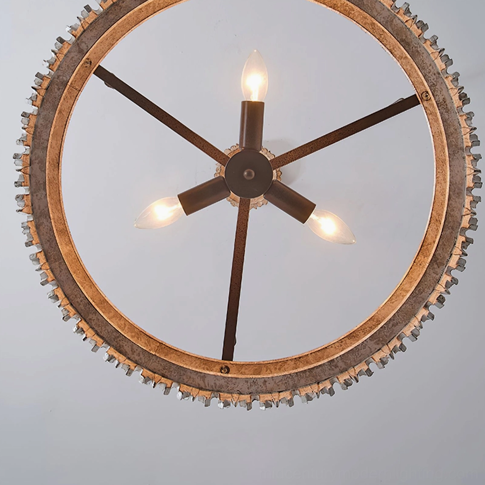 Rustic drum chandelier interior bottom view showing wood ring frame and E14 candle-style bulb socket arrangement
