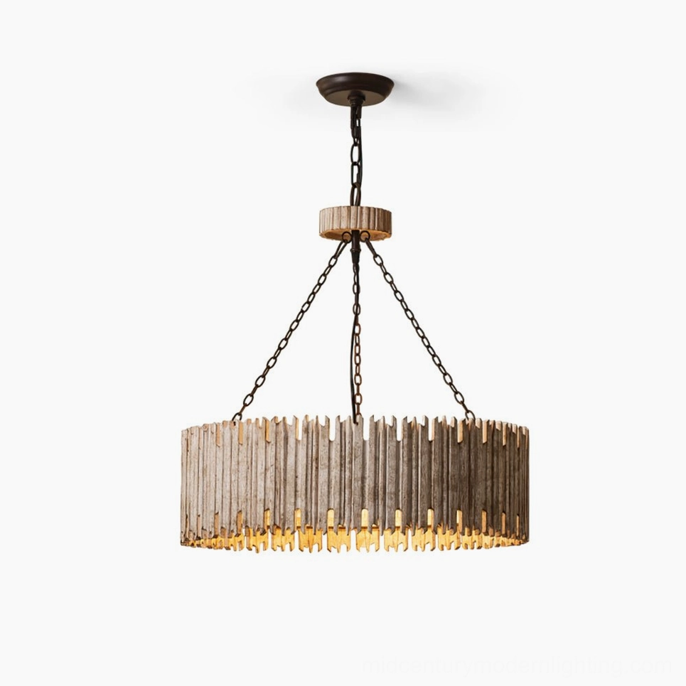 Rustic drum chandelier with weathered wood slats and black metal chains, overhead studio view showing three-head design