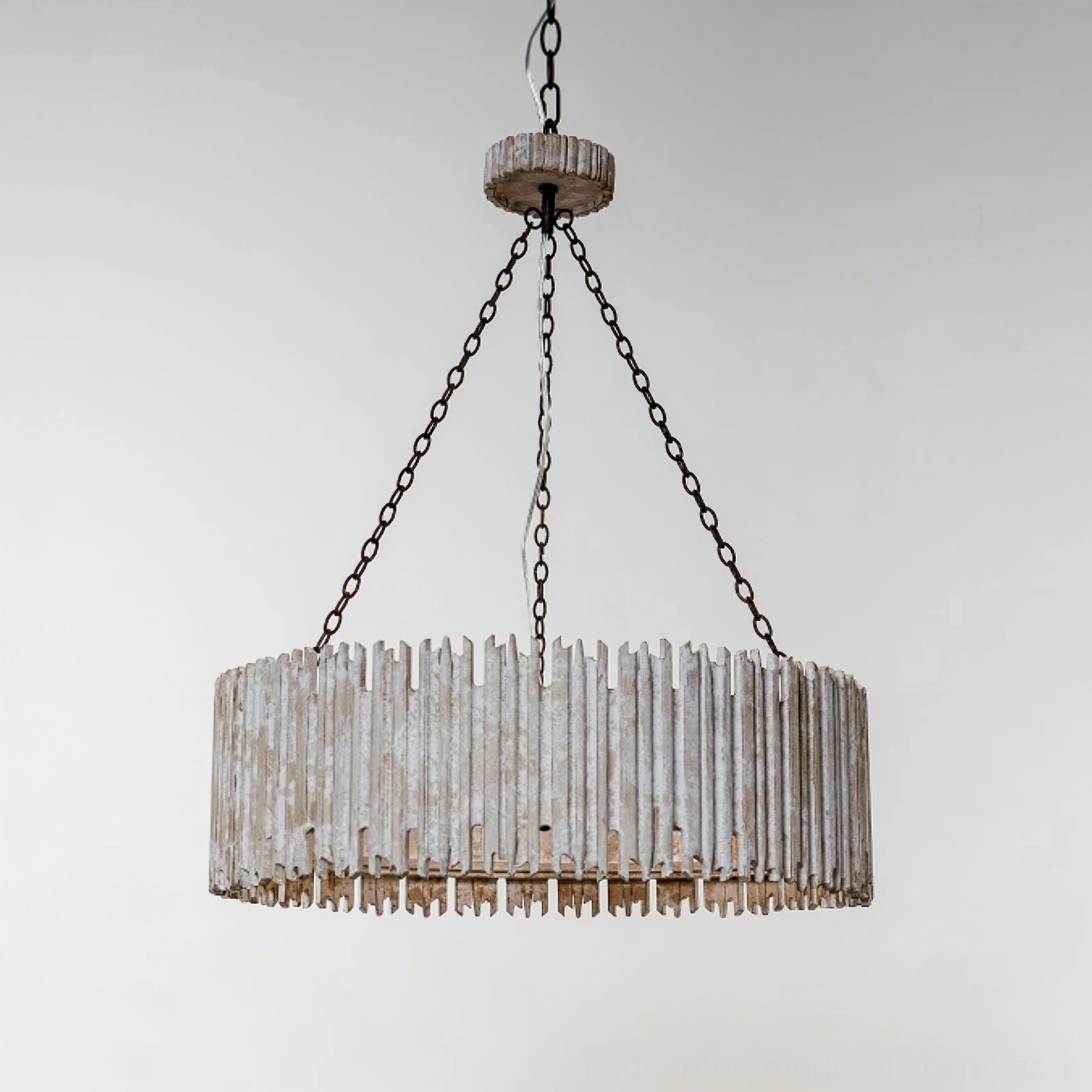 Rustic drum chandelier overhead studio view showing whitewashed light brown wood slats and extended suspension chain